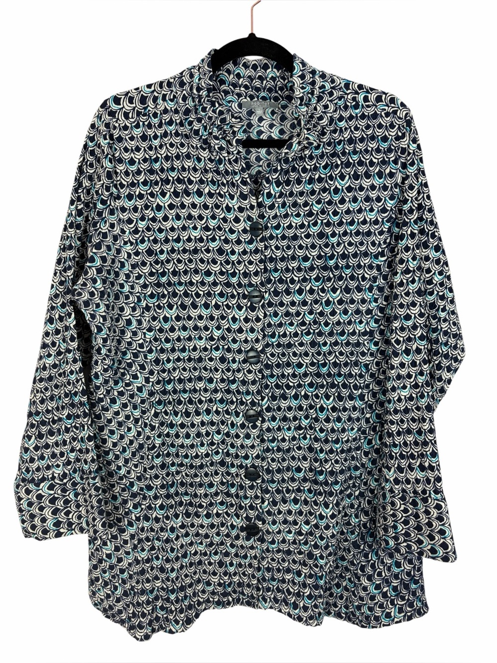 Habitat Geometric Print Button Front Jacket Top Size Large Blue Teal Stretch